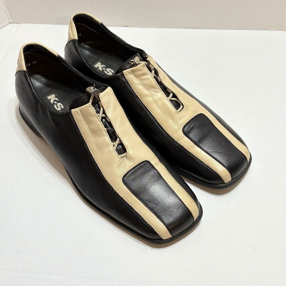 K+S Germany Black Beige Leather Square Toe Vintage Loafers Shoes Womens 7.5 Rare